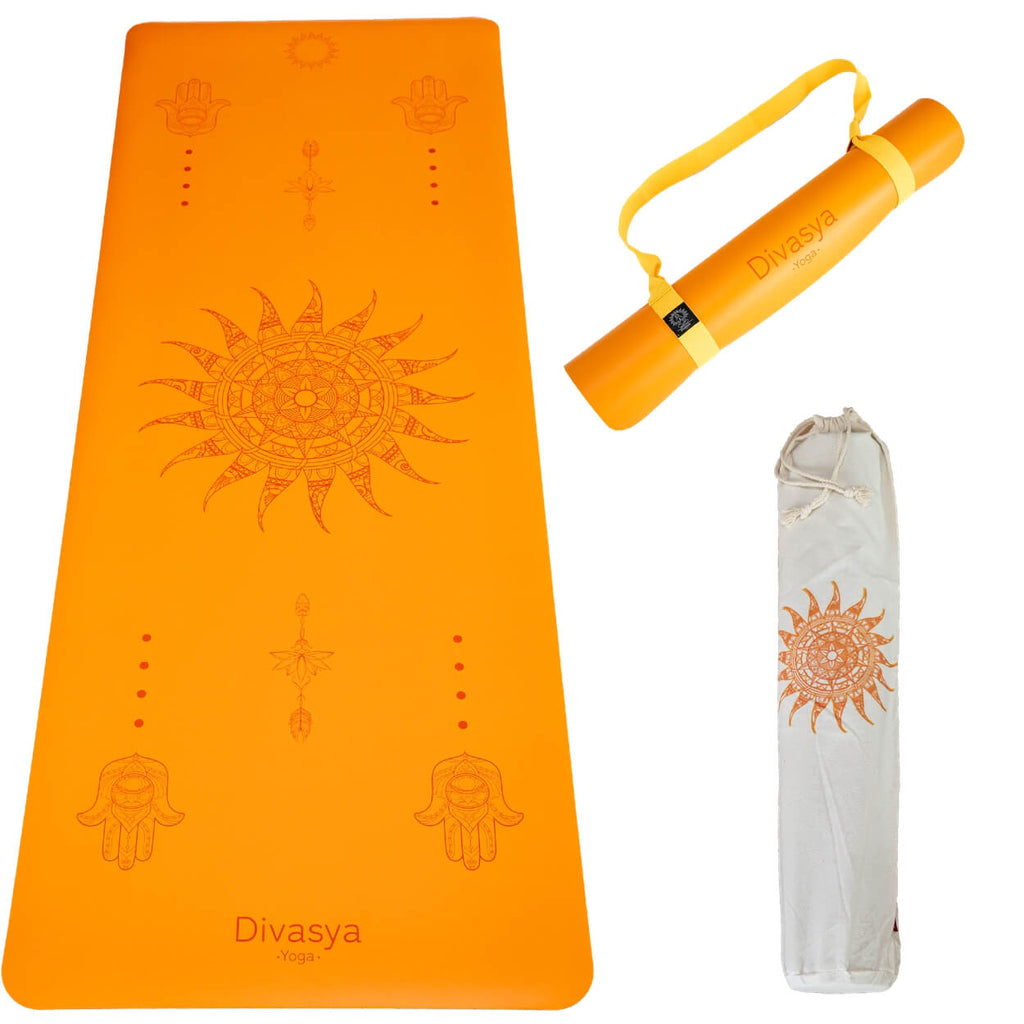 Orange Yogamatte Naturkautschuk rutschfest mandala nachhaltig Tragegurt
